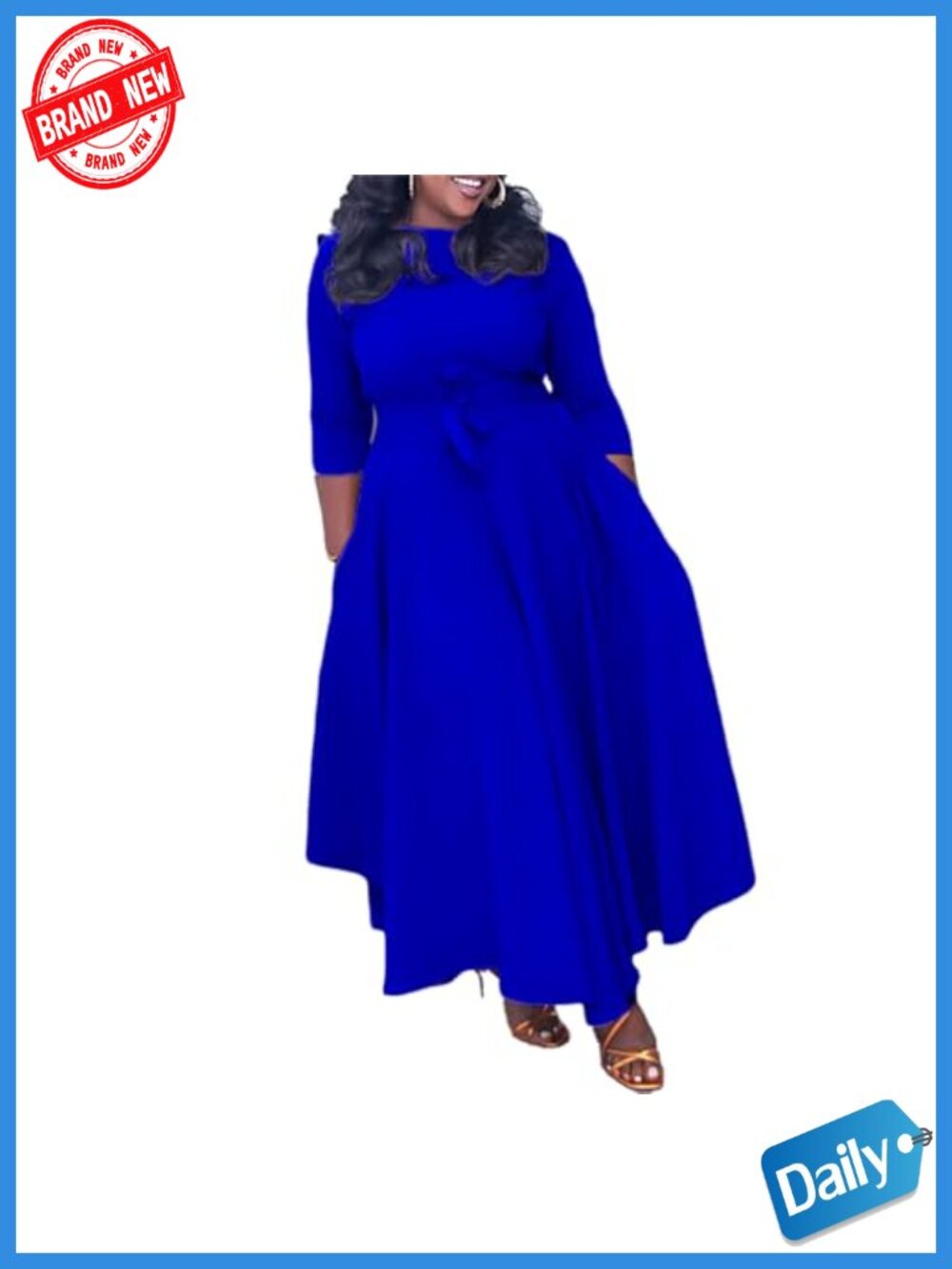 Plus Size Maxi Dress Floral High Waist 3/4 Sleeve Flowy Ruffle Fall Dress with